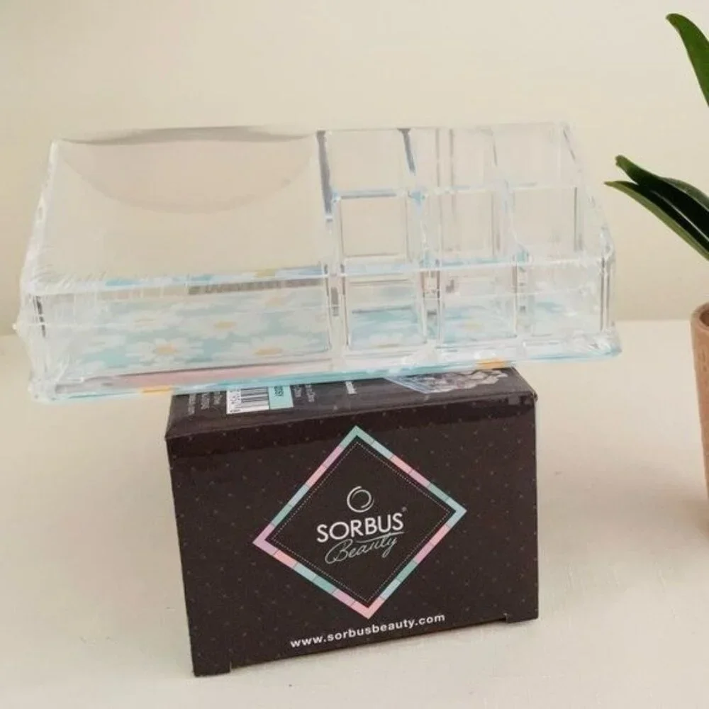 Sorbus Mini Makeup Organizer with 9 Slots Clear w/ Daisy Print Bottom Desk Dorm